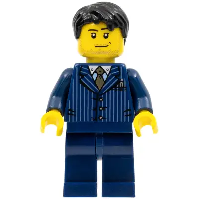 Businessman - Pinstripe Jacket and Gold Tie, Dark Blue Legs, Black Short Tousled Hair, Smirk and Stubble