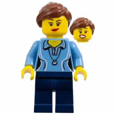 Medium Blue Female Shirt with Two Buttons and Shell Pendant, Dark Blue Legs, Reddish Brown Ponytail and Swept Sideways Fringe