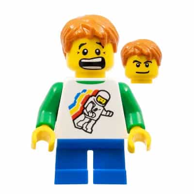 Classic Space Minifigure Floating Pattern, Blue Short Legs, Dark Orange Short Tousled Hair