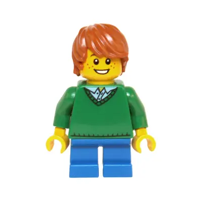 Child - Boy, Green V-Neck Sweater, Blue Short Legs, Dark Orange Tousled Hair, Freckles
