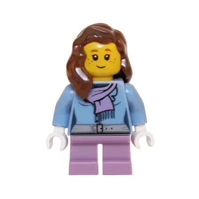 Medium Blue Jacket with Light Purple Scarf, Medium Lavender Short Legs, Reddish Brown Female Hair over Shoulder