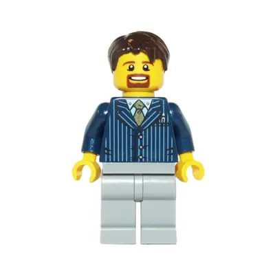 Businessman Pinstripe Jacket and Gold Tie, Light Bluish Gray Legs, Dark Brown Hair Short Tousled with Side Part