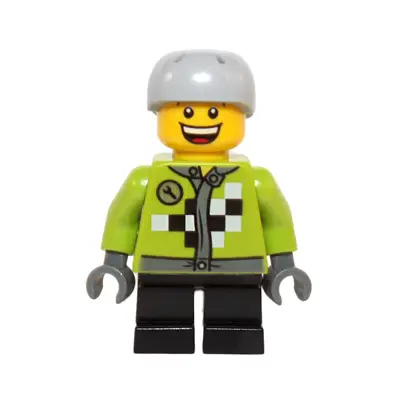 Lime Jacket with Wrench and Black and White Checkered Pattern, Short Black Legs, Sports Helmet with Vent Holes