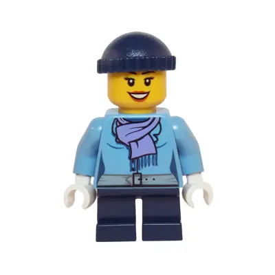 Medium Blue Jacket with Light Purple Scarf, Dark Blue Short Legs, Dark Blue Knit Cap