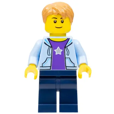 Boy, Bright Light Blue Hoodie with White Star, Dark Blue Legs, Medium Nougat Hair Short Tousled with Side Part