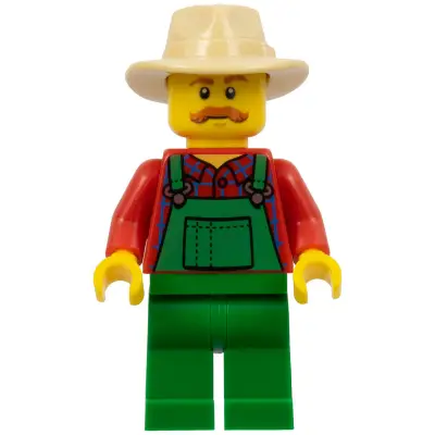 Farmer - Green Overalls over Red Plaid Shirt, Green Legs, Tan Fedora, Moustache