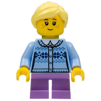 Girl - Fair Isle Sweater, Bright Light Yellow Ponytail, Lavender Legs Short, Freckles