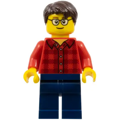 Red Plaid Flannel Shirt, Dark Blue Legs, Dark Brown Hair, Glasses