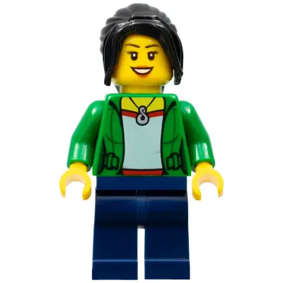 Dragon Boat Race Spectator - Female, Green Jacket Open with Necklace, Dark Blue Legs, Black Ponytail Long with Side Bangs