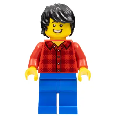Dragon Boat Race Spectator - Male, Red Plaid Flannel Shirt, Blue Legs, Black Tousled Hair