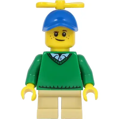 Boy - Freckles, Green Sweater V-Neck over Button Down Shirt Collar with 1 Button, Tan Short Legs, Blue Cap with Tiny Yellow Propeller