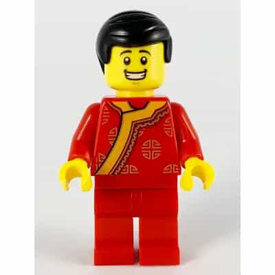 Toy Vendor, Black Hair, Red Changshan with Bright Light Orange Wide Hem, Gold Circles Pattern
