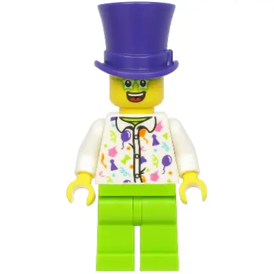 Birthday Party Guest, Dark Purple Top Hat, Green Glasses, White Shirt, Lime Legs