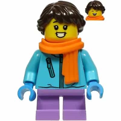 Girl - Medium Azure Winter Jacket, Medium Lavender Short Legs, Dark Brown Hair, Orange Scarf