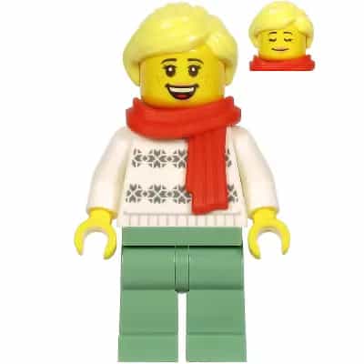 Woman, White Turtleneck Sweater, Sand Green Legs, Bright Light Yellow Hair, Red Scarf