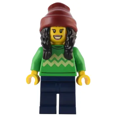 Holiday Shopper - Female, Bright Green Sweater with Bright Light Yellow Zigzag Lines, Dark Blue Legs, Dark Red Beanie with Black Hair