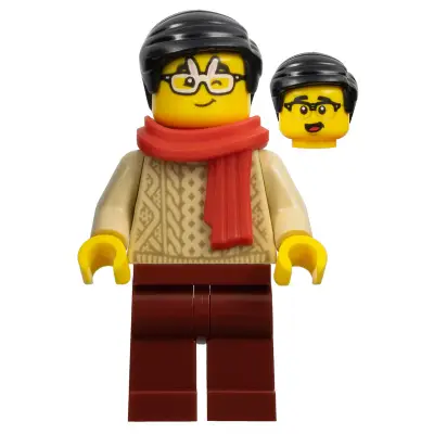 Lunar New Year Parade Spectator - Male, Red Scarf, Tan Sweater, Dark Red Legs, Black Hair, Rabbit Glasses