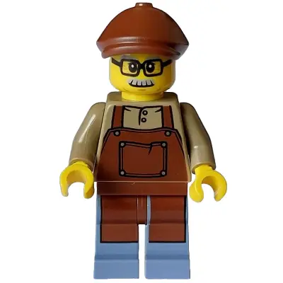 Lodge Owner - Male, Dark Tan Shirt with Reddish Brown Apron, Sand Blue Legs, Reddish Brown Flat Cap, Moustache, Glasses
