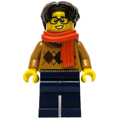 Wintertime Carriage Passenger - Male, Medium Nougat Argyle Sweater, Dark Blue Legs, Dark Brown Hair, Glasses, Red Scarf