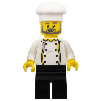 Chef - Jacket with Bright Light Orange Trim, Gold Buttons and Dragon on Back, Black Legs, Dark Bluish Gray Beard