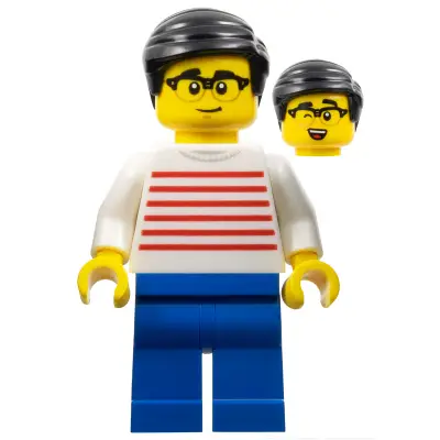 Man - White Sweater with Red Horizontal Stripes, Blue Legs, Black Hair, Glasses