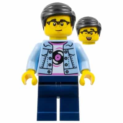 Man - Bright Light Blue Denim Jacket over Shirt with Record, Dark Blue Legs, Black Hair, Glasses