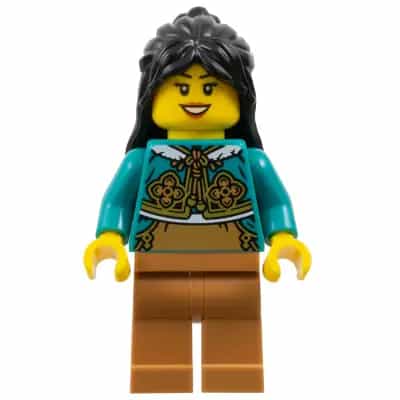 Woman, Black Long Hair, Dark Turquoise Cheongsam Bolero Shrug, Medium Nougat Legs