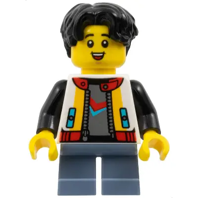 Child - Boy, White Jacket with Black Sleeves, Sand Blue Short Legs, Black Hair