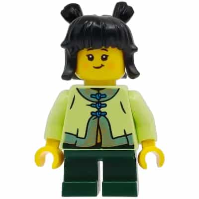 Child - Girl, Yellowish Green Tang Jacket, Dark Green Short Legs, Black Hair with Buns