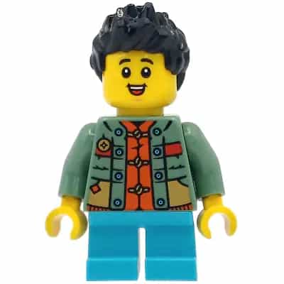 Child - Boy, Sand Green Sweater over Reddish Orange Tang Jacket, Medium Azure Short Legs, Black Spiked Hair