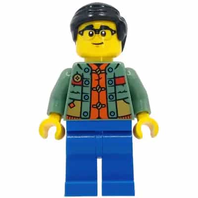 Man - Sand Green Sweater over Reddish Orange Tang Jacket, Blue Legs, Black Smooth Hair