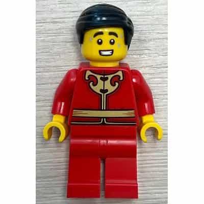 Man - Red Tang Jacket with Gold Chinese Scrollwork, Red Legs, Black Smooth Hair