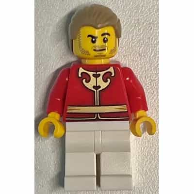 Man - Red Tang Jacket with Gold Chinese Scrollwork, White Legs, Dark Tan Hair