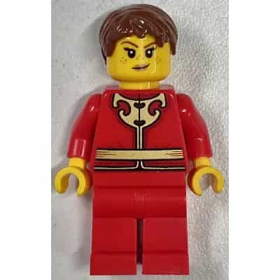 Woman - Red Tang Jacket with Gold Chinese Scrollwork, Red Legs, Brown Short Hair