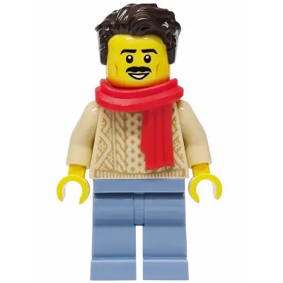 Man - Tan Knit Cable Sweater, Sand Blue Legs, Dark Brown Hair, Red Scarf