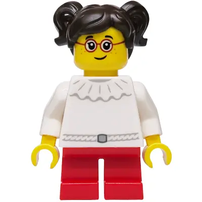 Girl - White Dress with Ruffled Collar, Red Short Legs, Dark Brown Hair with Pigtails