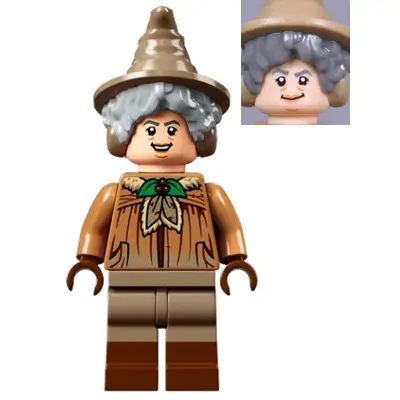 Professor Pomona Sprout - Dirty Cloak, Green Holly Brooch, Dark Tan Legs with Reddish Brown Boots