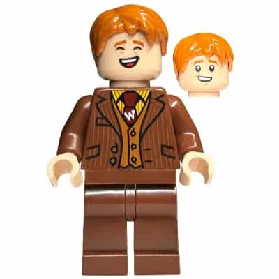 George Weasley - Reddish Brown Suit, Dark Red Tie, Smiling / Laughing