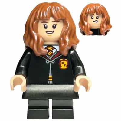 Hermione Granger - Gryffindor Robe Clasped, Black Skirt, Black Short Legs with Dark Bluish Gray Stripes, Open Mouth Smile / Confused