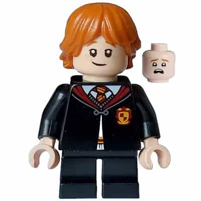 Ron Weasley - Gryffindor Robe Clasped, Sweater, Shirt and Tie, Black Short Legs, Lopsided Grin / Scared Open Mouth with Top Teeth