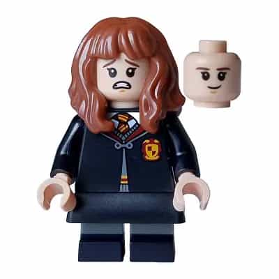 Hermione Granger - Gryffindor Robe Clasped, Black Skirt, Black Short Legs with Dark Bluish Gray Stripes, Open Mouth Scared / Closed Mouth Grin