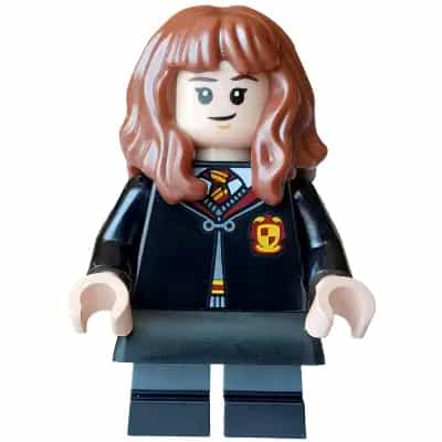 Hermione Granger - Gryffindor Robe Clasped, Black Skirt, Black Short Legs with Dark Bluish Gray Stripes, Grin / Cat Face