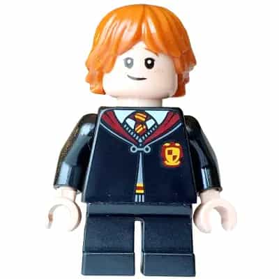 Ron Weasley - Gryffindor Robe Clasped, Sweater, Shirt and Tie, Black Short Legs, Lopsided Grin / Scared Open Mouth, Cheek Lines