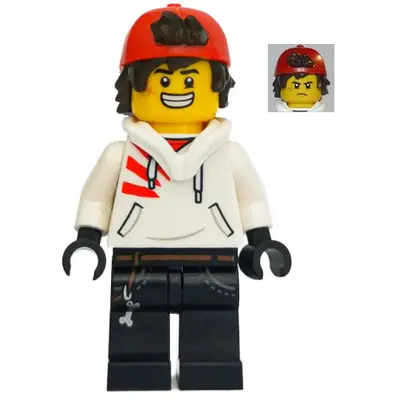 Jack Davids - White Hoodie with Backwards Cap and Hood Folded Down (Large Smile / Grumpy)