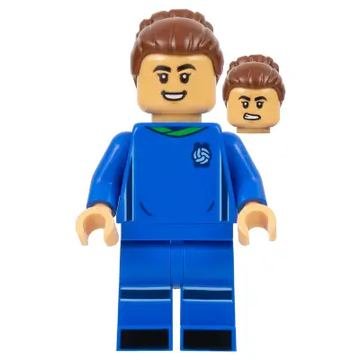 Soccer Player, Female, Blue Uniform, Medium Tan Skin, Reddish Brown Bun