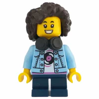 Child - Girl, Bright Light Blue Denim Jacket over Shirt with Record, Dark Blue Short Legs, Dark Brown Short Hair with Curls and Corn Rows, Black Headphones