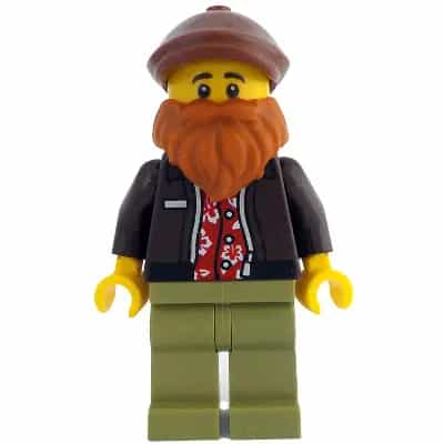 Photographer - Male, Dark Brown Jacket over Red Hawaiian Shirt, Olive Green Legs, Reddish Brown Flat Cap, Dark Orange Beard