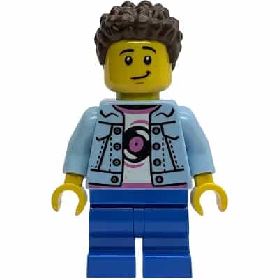 Child - Boy, Grandson, Bright Light Blue Denim Jacket over Shirt with Record, Blue Medium Legs, Dark Brown Coiled Short Hair