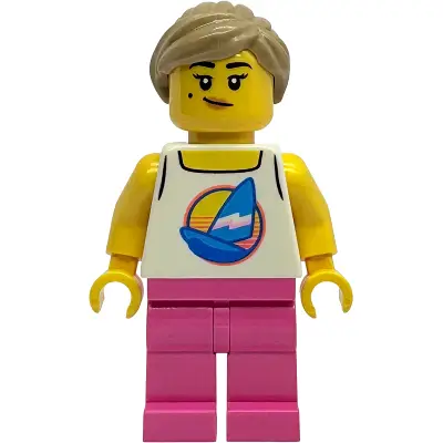Diving Shop Owner - Female, White Tank Top with Dark Azure Sailboat, Dark Pink Legs, Dark Tan Hair with Pony Tail