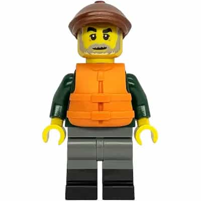 Fisher - Dark Green Open Jacket, Dark Bluish Gray Legs with Black Boots, Reddish Brown Flat Cap, Orange Life Jacket